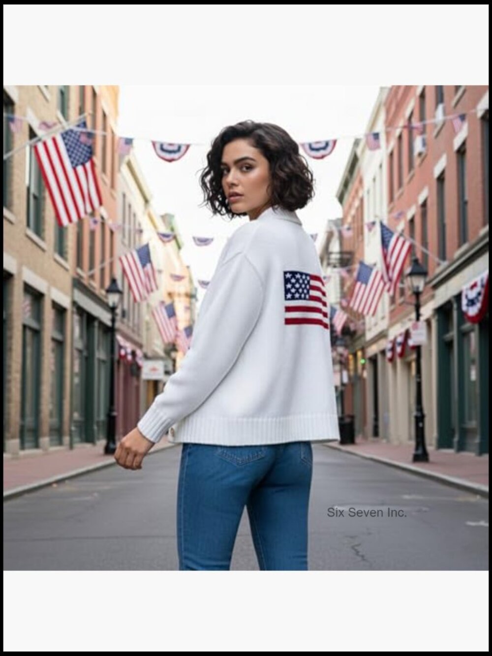 Long Sleeve Lightweight Knit Cardigan Oversized Patched American Flag - Picture 6 of 7